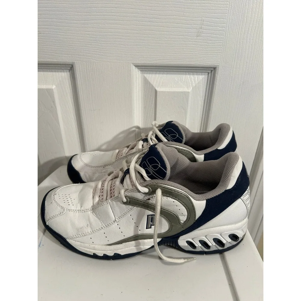 Prince T10 Tennis Shoes Men's Size 10 White Navy Silver Low Top‎ 8P874W